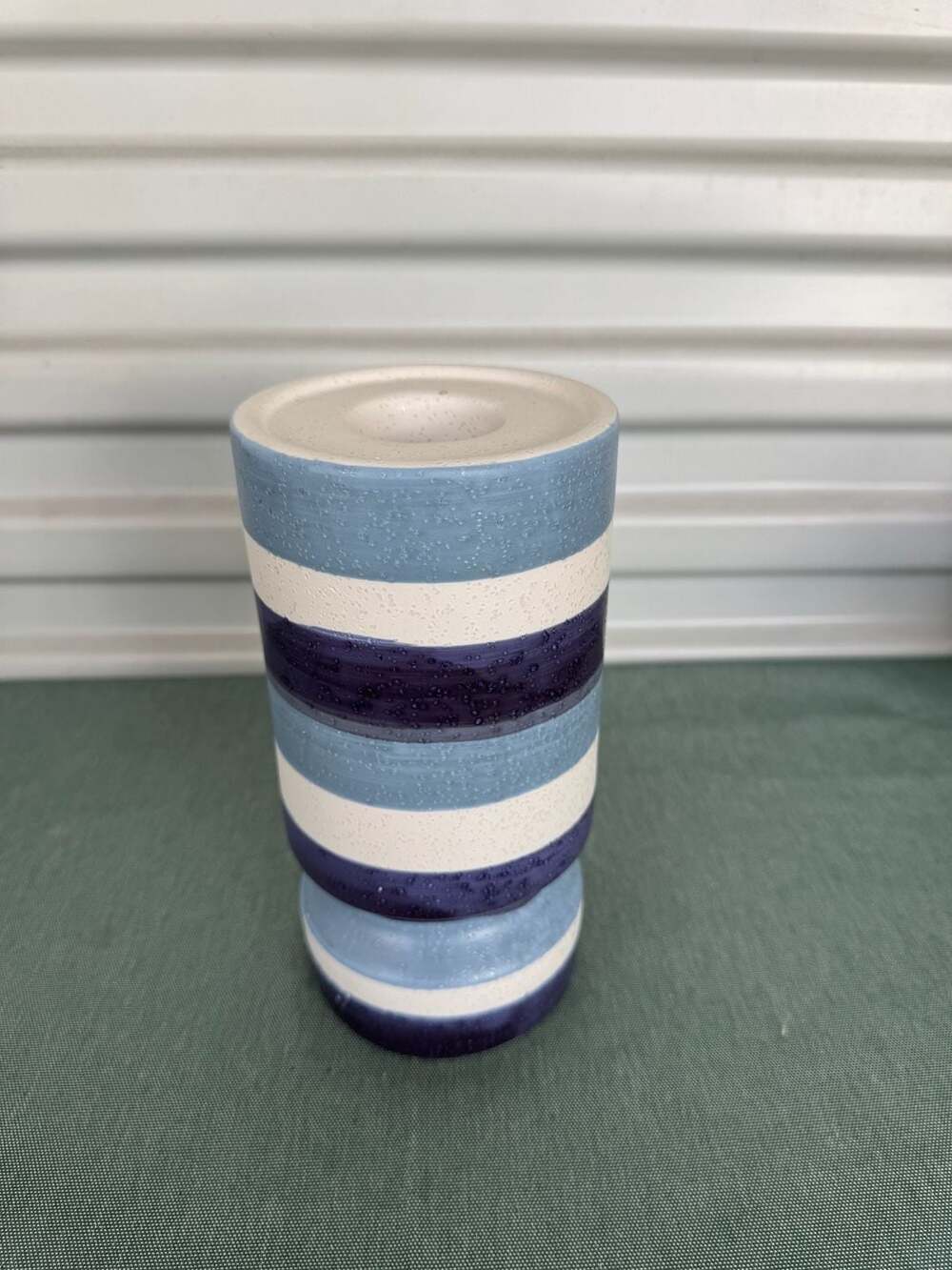 Ceramic Blue Striped Candle Holder 8”